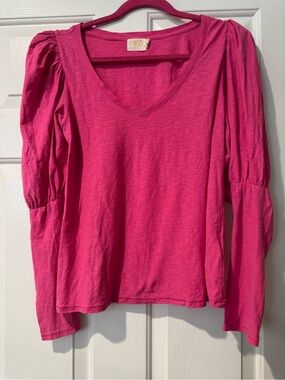 Nation LTD Hot Pink V-Neck Puff Sleeve Long Sleeve Tee
